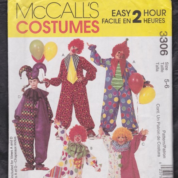 2001 McCall's Pattern Child Sz 5-6 #3306 Uncut FF Clown Costumes - Picture 1 of 1
